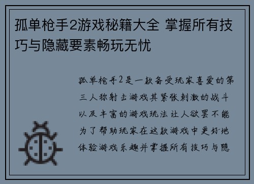 孤单枪手2游戏秘籍大全 掌握所有技巧与隐藏要素畅玩无忧
