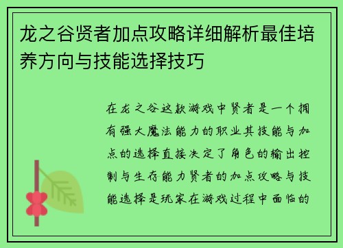 龙之谷贤者加点攻略详细解析最佳培养方向与技能选择技巧